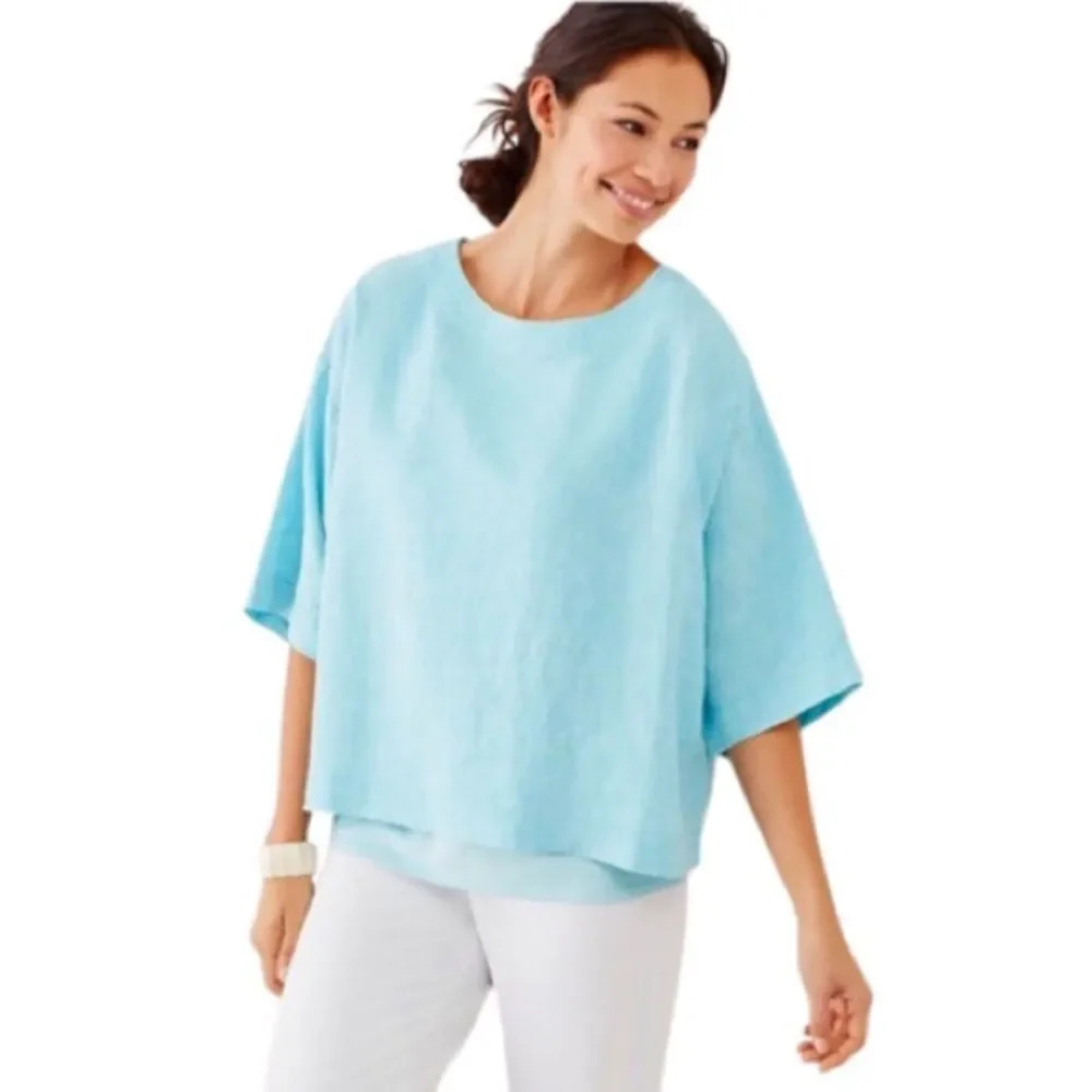 J. JILL NWOT Linen Kimono‎ Sleeve Boxy Crop Top Shirt in Baby Blue